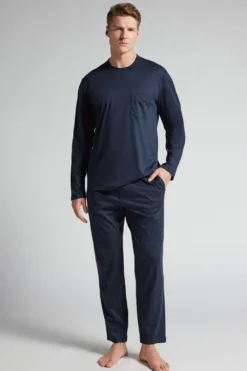 Piżamy Długie|Merceryzowana Bawełna Filo Premium>Intimissimi Długa Piżama z Merceryzowanej Bawełny filo Premium z Nadrukiem w Groszki niebieski - 490j - blu navy