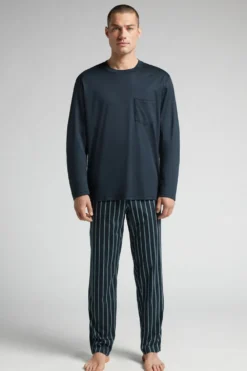 Piżamy Długie>Intimissimi Długa Piżama z Merceryzowanej Bawełny Premium z Nadrukiem niebieski - 961j - blu navy/riga azzurra