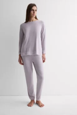 Piżamy Długie|Zestawy Piżam>Intimissimi Długa Piżama z Modalu z Koronką fioletowy - 068k - quartz lilac melange