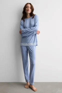 Piżamy Długie|Zestawy Piżam>Intimissimi Długa Piżama z Modalu z Koronką niebieski - 069k - breeze blue melange