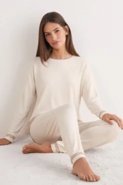 Piżamy Długie|Zestawy Piżam>Intimissimi Długa Piżama z Modalu z Koronką naturalny - 948j - beige melange