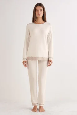 Piżamy Długie|Zestawy Piżam>Intimissimi Długa Piżama z Modalu z Koronką naturalny - 948j - beige melange