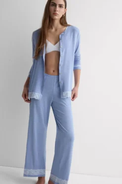 Piżamy Długie|Zestawy Piżam>Intimissimi Długa Rozpinana z Przodu Piżama z Modalu z Koronką niebieski - 069k - breeze blue melange