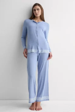 Piżamy Długie|Zestawy Piżam>Intimissimi Długa Rozpinana z Przodu Piżama z Modalu z Koronką niebieski - 069k - breeze blue melange