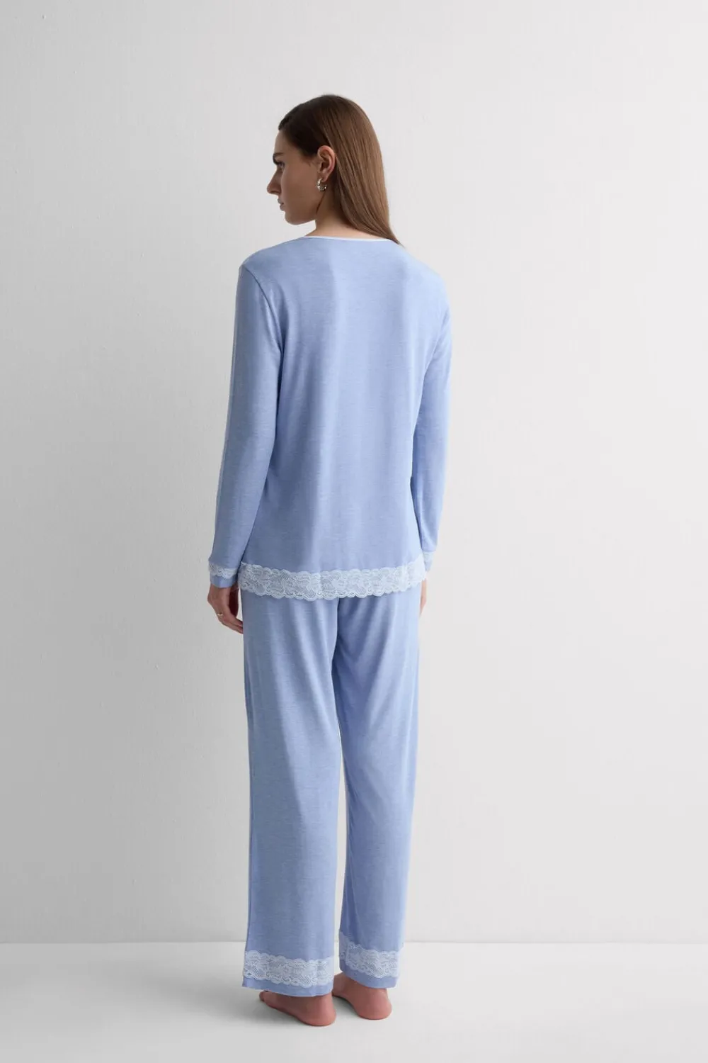 Piżamy Długie|Zestawy Piżam>Intimissimi Długa Rozpinana z Przodu Piżama z Modalu z Koronką niebieski - 069k - breeze blue melange