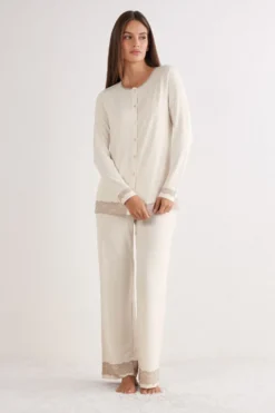 Piżamy Długie|Zestawy Piżam>Intimissimi Długa Rozpinana z Przodu Piżama z Modalu z Koronką naturalny - 948j - beige melange