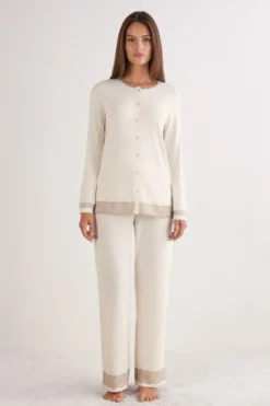 Piżamy Długie|Zestawy Piżam>Intimissimi Długa Rozpinana z Przodu Piżama z Modalu z Koronką naturalny - 948j - beige melange