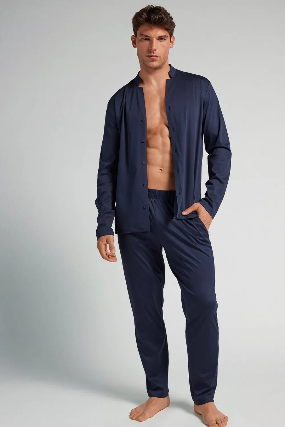 Piżamy Długie|Merceryzowana Bawełna Filo Premium>Intimissimi Długa Rozpinana z Przodu Piżama z Bawełny niebieski - 490j - blu navy