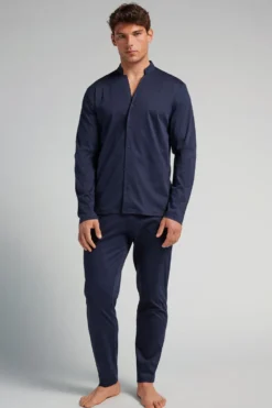 Piżamy Długie|Merceryzowana Bawełna Filo Premium>Intimissimi Długa Rozpinana z Przodu Piżama z Bawełny niebieski - 490j - blu navy