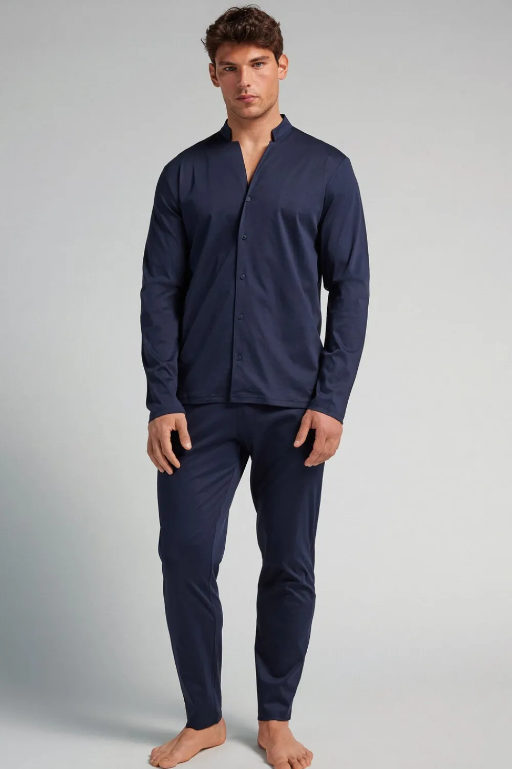 Piżamy Długie|Merceryzowana Bawełna Filo Premium>Intimissimi Długa Rozpinana z Przodu Piżama z Bawełny niebieski - 490j - blu navy