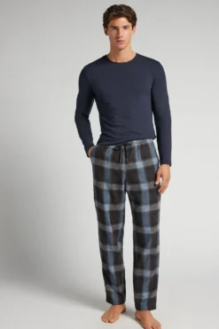 Spodnie|Stwórz Swój Zestaw>Intimissimi Długie Spodnie z Dzianiny z Nadrukiem w Niebieską Kratę brązowy - 992j - check denim brown
