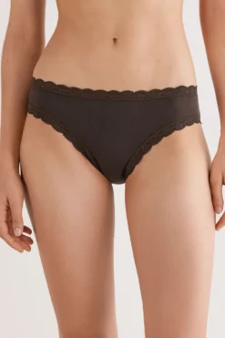 Figi|Bawełna>Intimissimi Figi z Bawełny i Koronki brązowy - 705j - brąz mokka