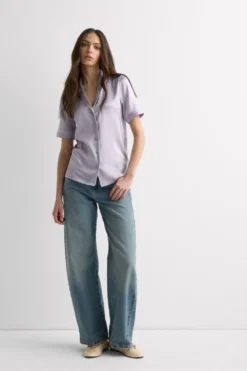 Piżamy Krótkie|Jedwab>Intimissimi Jedwabna Koszula z Krótkim Rękawem o Męskim Kroju fioletowy - 056k - quartz lilac