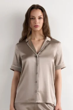 Piżamy Krótkie|Jedwab>Intimissimi Jedwabna Koszula z Krótkim Rękawem o Męskim Kroju naturalny - 651i - dust beige