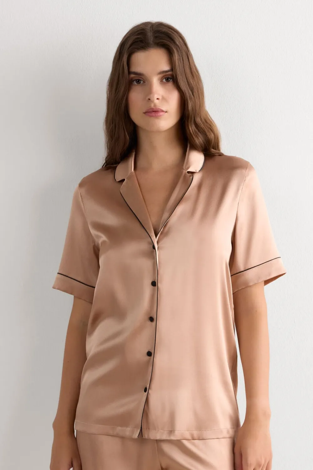 Piżamy Krótkie|Jedwab>Intimissimi Jedwabna Koszula z Krótkim Rękawem o Męskim Kroju naturalny - 163i - rose satin