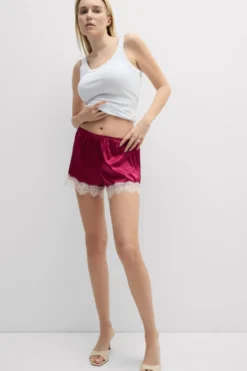 Piżamy Krótkie|Jedwab>Intimissimi Jedwabne Spodenki z Kontrastową Koronką różowy - 110k - cherry pink