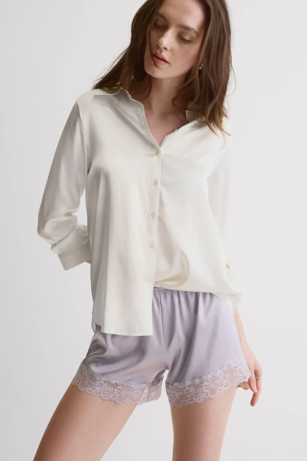 Piżamy Krótkie|Jedwab>Intimissimi Jedwabne szorty piżamowe damskie z koronką fioletowy - 056k - quartz lilac