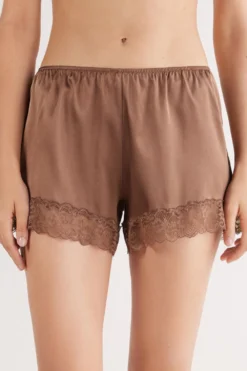 Piżamy Krótkie|Jedwab>Intimissimi Jedwabne szorty piżamowe damskie z koronką naturalny - 502i - caramel
