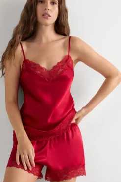 Piżamy Krótkie|Jedwab>Intimissimi Jedwabne szorty piżamowe damskie z koronką - 1473 - czerwony