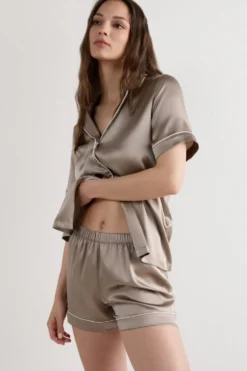 Piżamy Krótkie|Jedwab>Intimissimi Jedwabne Szorty z Lamówką naturalny - 651i - dust beige