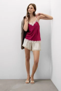 Topy|Piżamy Krótkie>Intimissimi Jedwabny Top z Kontrastową Koronką różowy - 110k - cherry pink