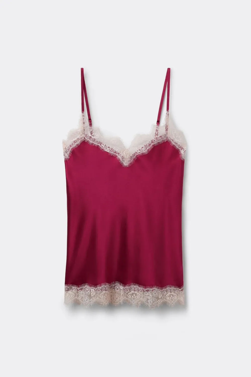 Topy|Piżamy Krótkie>Intimissimi Jedwabny Top z Kontrastową Koronką różowy - 110k - cherry pink