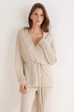 Kardigany / Marynarki|Odzież Domowa>Intimissimi Kardigan z Paskiem 100% Kaszmir beige - 712j - beż melanż