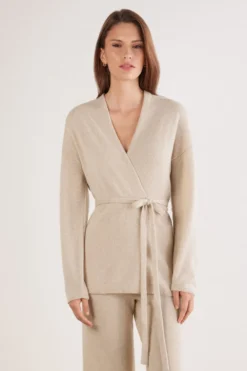 Kardigany / Marynarki|Odzież Domowa>Intimissimi Kardigan z Paskiem 100% Kaszmir beige - 712j - beż melanż