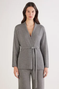 Kardigany / Marynarki|Odzież Domowa>Intimissimi Kardigan z Paskiem 100% Kaszmir szary - 456j - medium grey mel