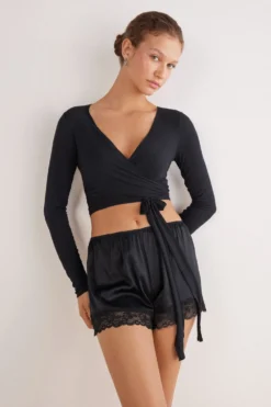 Bluzki Z Długim Rękawem|Ultralight Z Kaszmirem>Intimissimi Kopertowy Top z Długim Rękawem z Modalu Ultralight z Kaszmirem czarny - 019 - czarny