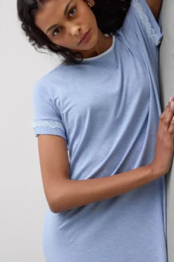 Koszule Nocne|Modal>Intimissimi Koszula Nocna z Krótkimi Rękawami i Koronkowymi Detalami niebieski - 069k - breeze blue melange