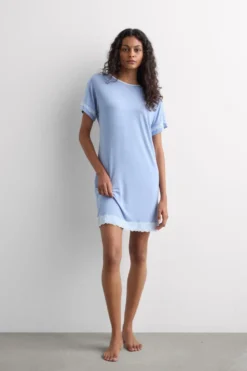 Koszule Nocne|Modal>Intimissimi Koszula Nocna z Krótkimi Rękawami i Koronkowymi Detalami niebieski - 069k - breeze blue melange