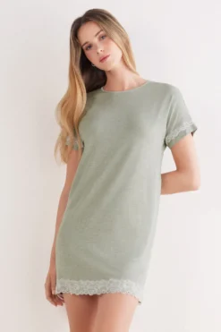 Koszule Nocne|Modal>Intimissimi Koszula Nocna z Krótkimi Rękawami i Koronkowymi Detalami zielony - 949j - sage green melange