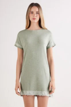 Koszule Nocne|Modal>Intimissimi Koszula Nocna z Krótkimi Rękawami i Koronkowymi Detalami zielony - 949j - sage green melange