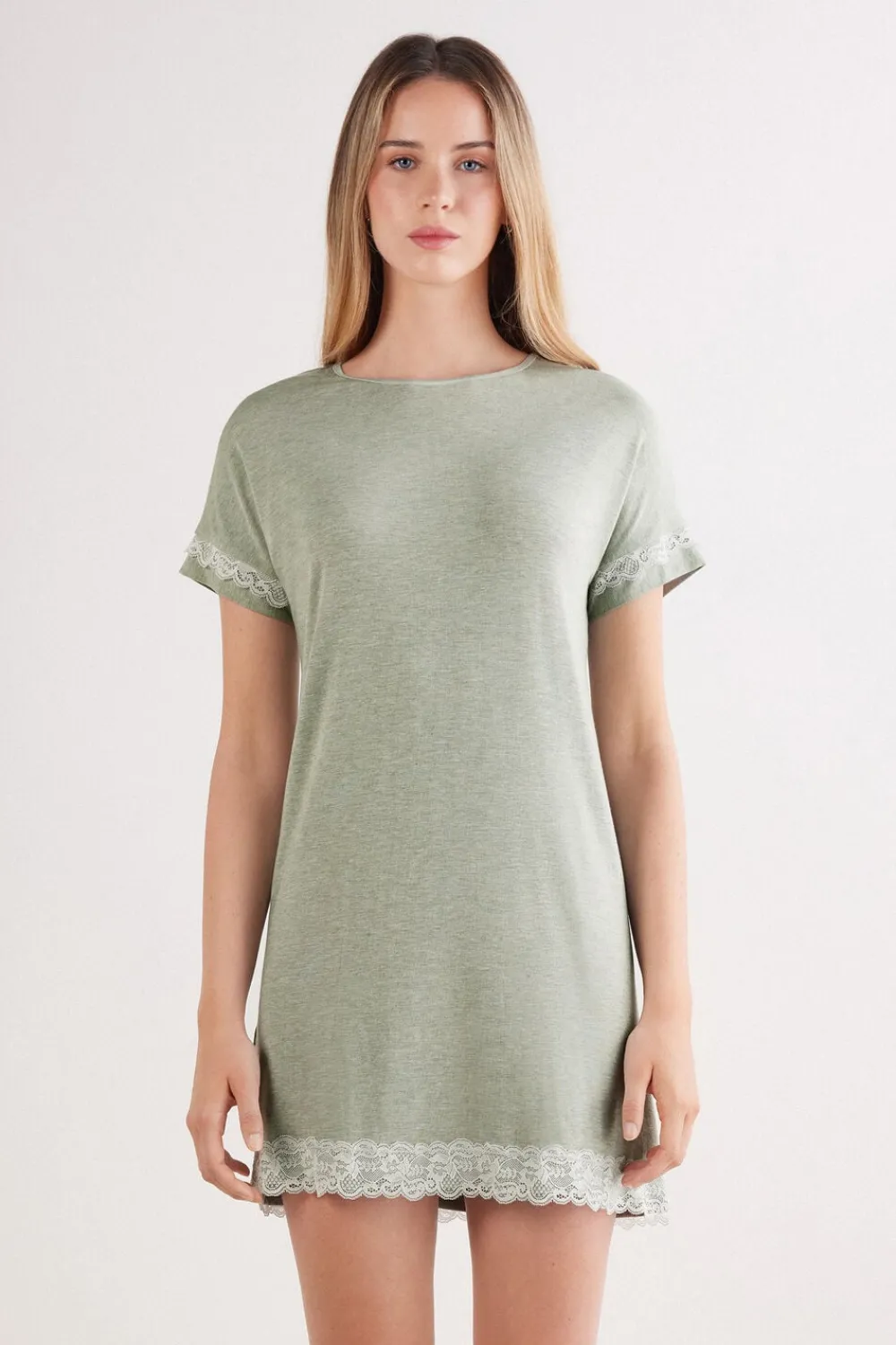 Koszule Nocne|Modal>Intimissimi Koszula Nocna z Krótkimi Rękawami i Koronkowymi Detalami zielony - 949j - sage green melange