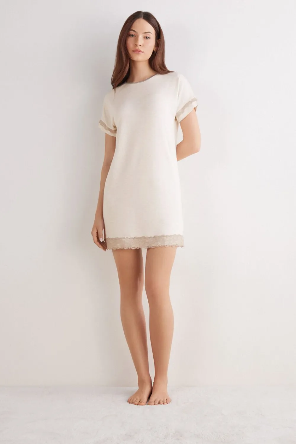 Koszule Nocne|Modal>Intimissimi Koszula Nocna z Krótkimi Rękawami i Koronkowymi Detalami naturalny - 948j - beige melange