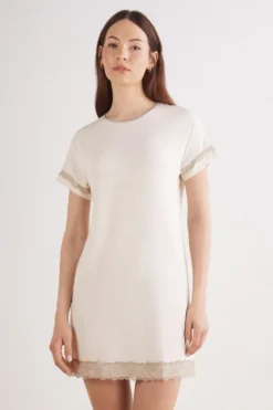 Koszule Nocne|Modal>Intimissimi Koszula Nocna z Krótkimi Rękawami i Koronkowymi Detalami naturalny - 948j - beige melange