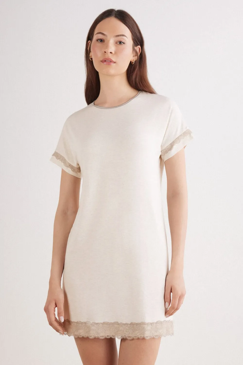 Koszule Nocne|Modal>Intimissimi Koszula Nocna z Krótkimi Rękawami i Koronkowymi Detalami naturalny - 948j - beige melange