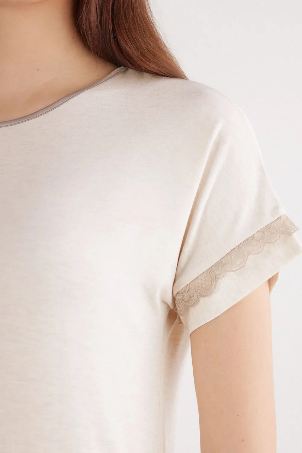 Koszule Nocne|Modal>Intimissimi Koszula Nocna z Krótkimi Rękawami i Koronkowymi Detalami naturalny - 948j - beige melange
