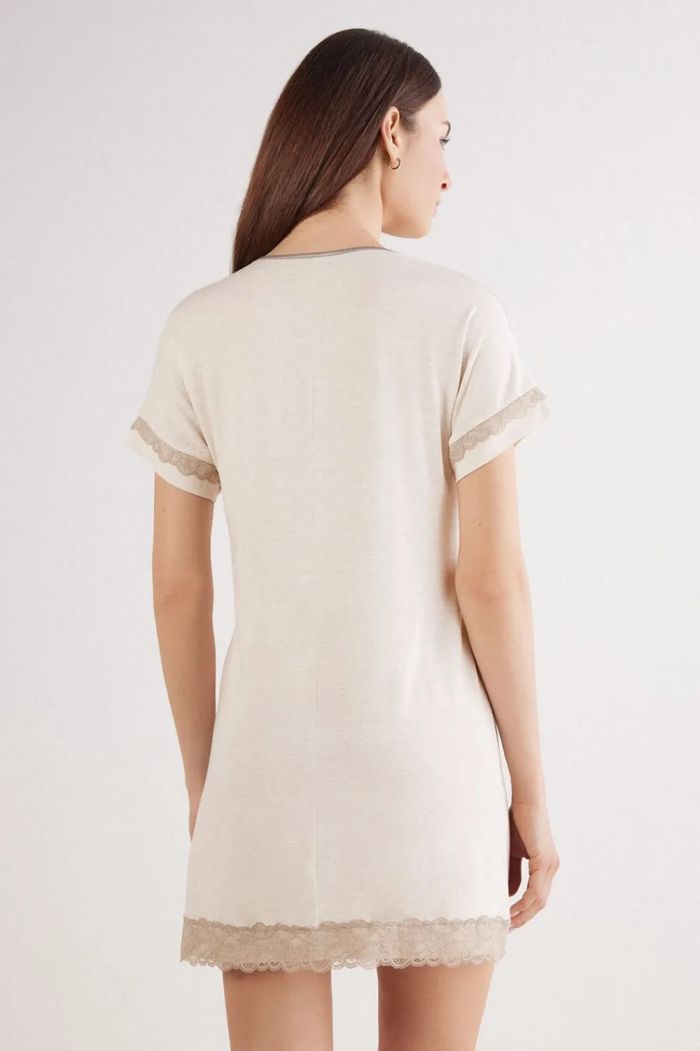 Koszule Nocne|Modal>Intimissimi Koszula Nocna z Krótkimi Rękawami i Koronkowymi Detalami naturalny - 948j - beige melange
