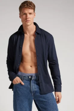 Koszule>Intimissimi Koszula z długim rękawem z bawełny melanżowej niebieski - 800 - blu notte