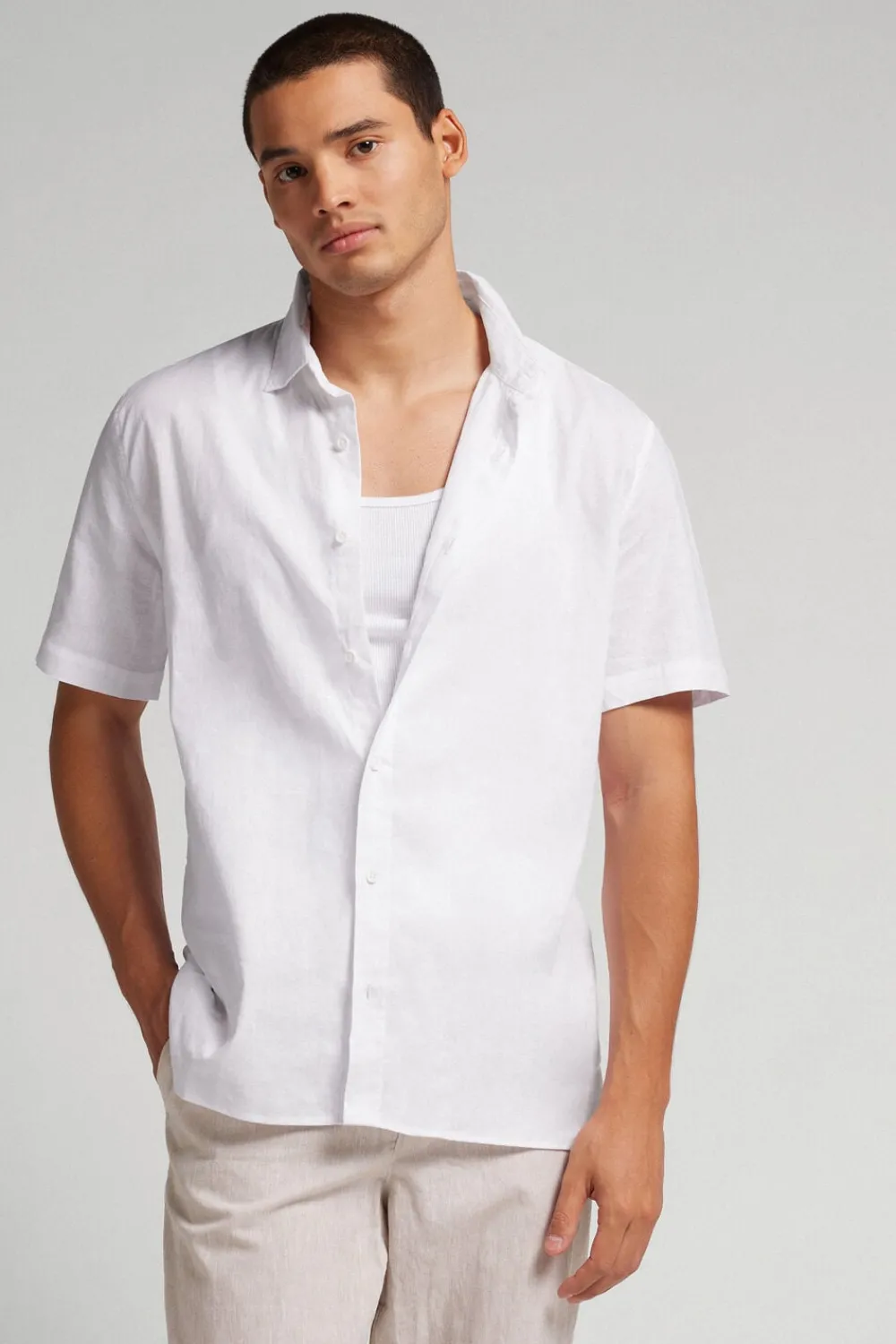 T-shirty|Koszule>Intimissimi Koszula z Krótkim Rękawem z Lnu i Bawełny biały - 001 - biały
