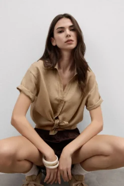 T-shirty|Koszule / Bluzki>Intimissimi Koszula z Krótkim Rękawem z Płótna Lnianego The Pure Linen beige - 166k - beige sabbia
