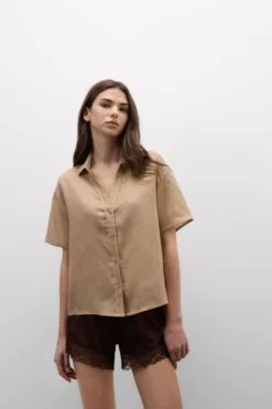 T-shirty|Koszule / Bluzki>Intimissimi Koszula z Krótkim Rękawem z Płótna Lnianego The Pure Linen beige - 166k - beige sabbia