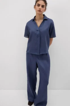 T-shirty|Koszule / Bluzki>Intimissimi Koszula z Krótkim Rękawem z Płótna Lnianego The Pure Linen niebieski - 167k - denim blue
