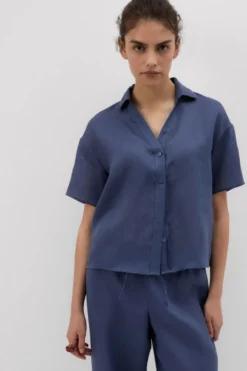 T-shirty|Koszule / Bluzki>Intimissimi Koszula z Krótkim Rękawem z Płótna Lnianego The Pure Linen niebieski - 167k - denim blue