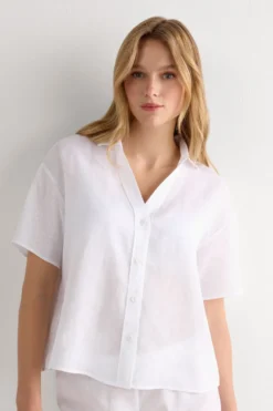 T-shirty|Koszule / Bluzki>Intimissimi Koszula z Krótkim Rękawem z Płótna Lnianego The Pure Linen biały - 001 - biały