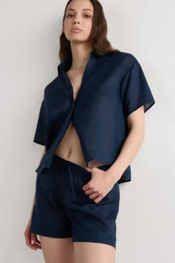T-shirty|Koszule / Bluzki>Intimissimi Koszula z Krótkim Rękawem z Płótna Lnianego The Pure Linen - 243j - sailor blue