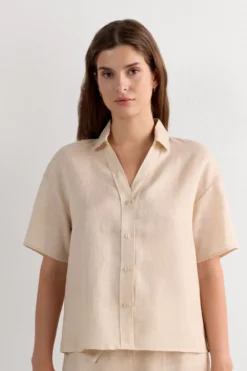T-shirty|Koszule / Bluzki>Intimissimi Koszula z Krótkim Rękawem z Płótna Lnianego The Pure Linen naturalny - 913i - cord beige