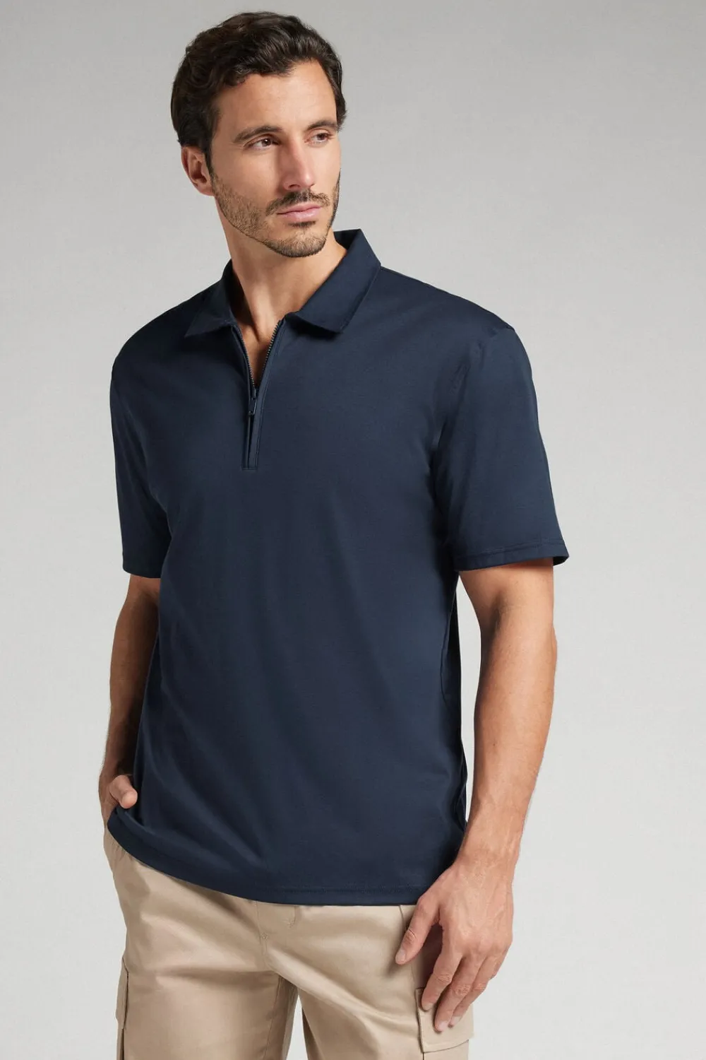 Polo|Merceryzowana Bawełna Filo Premium>Intimissimi Koszulka Polo z Krótkim Rękawem Zapinana na Zamek z Merceryzowanej Bawełny filo Premium niebieski - 490j - blu navy